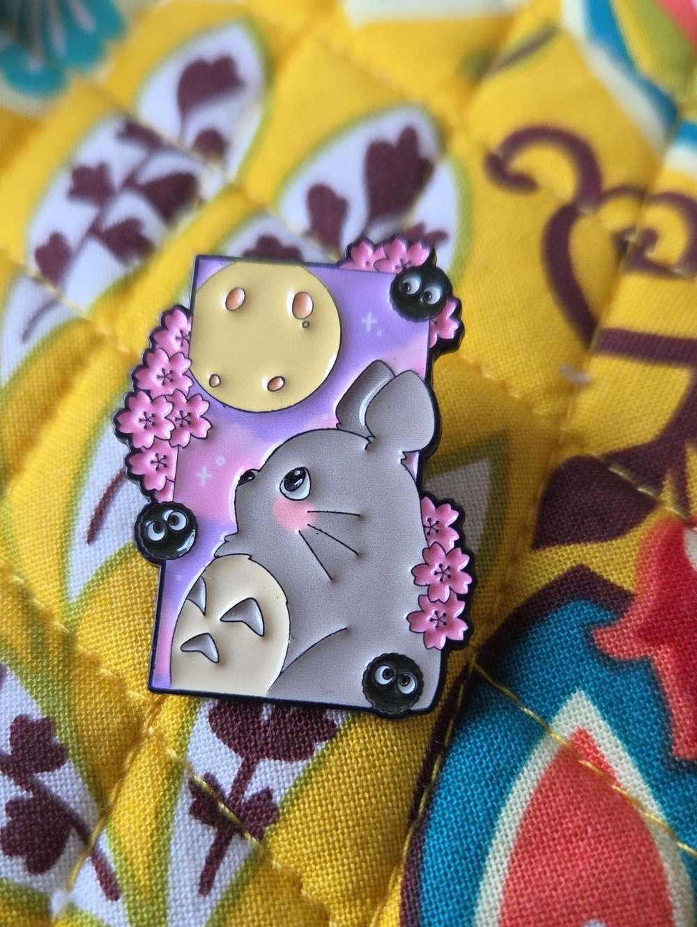 Gray Bunny Enamel Pin with Pink Flowers and Moon